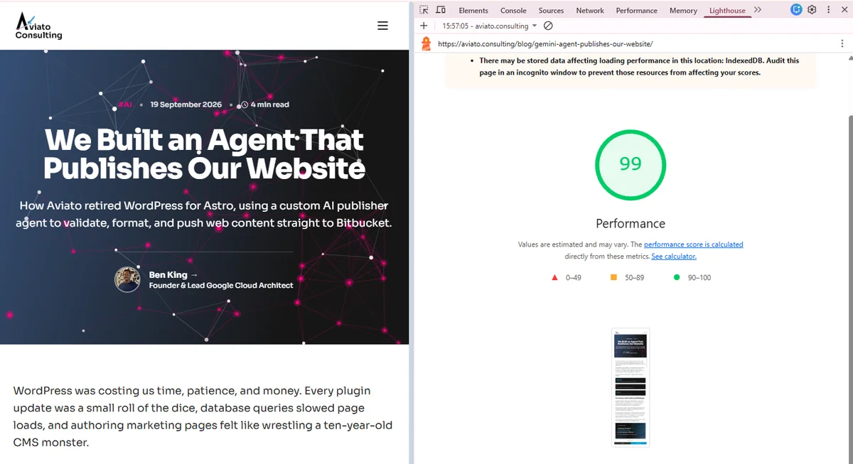 This blog post open in Chrome with the DevTools Lighthouse panel beside it, showing a performance score of 99