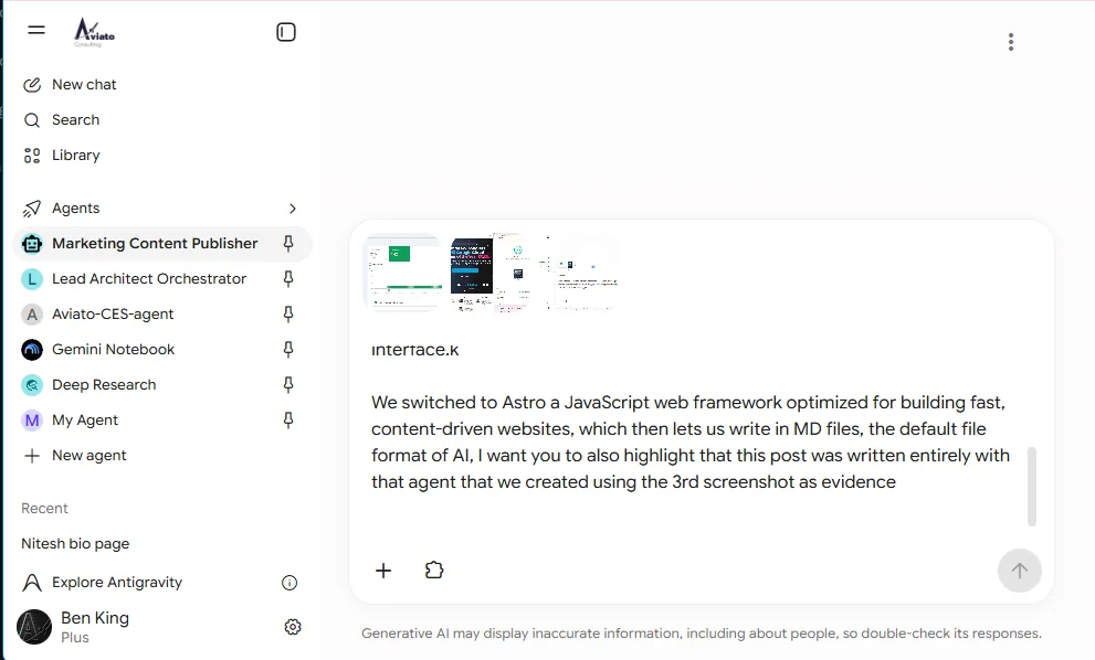 Gemini Enterprise chat with the Marketing Content Publisher agent selected, showing four attached screenshots and part of the prompt asking it to write this post about switching to Astro